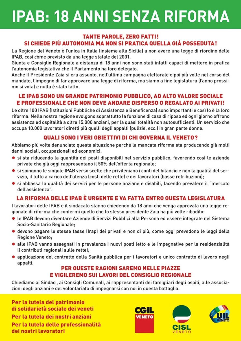 Riforma Ipab, cominciano i volantinaggi nei territori