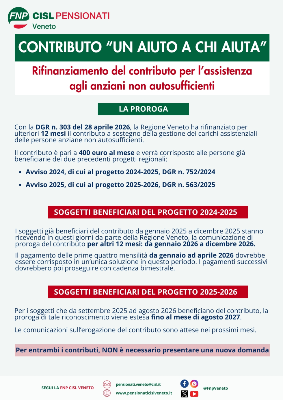 Anziani non autosufficienti: il contributo di 400 euro con fondi europei è prorogato per un altro anno