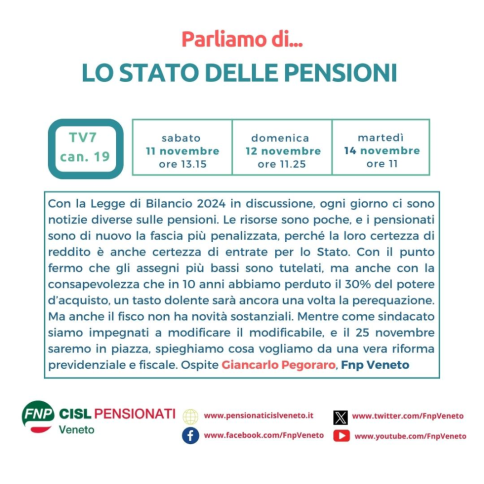 Su Tv7 parliamo dello stato delle pensioni, Legge di Bilancio e della manifestazione nazionale del 25 novembre