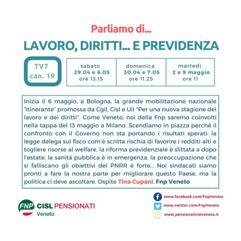 Su Tv7 parliamo di lavoro, diritti e previdenza… in vista del 13 maggio