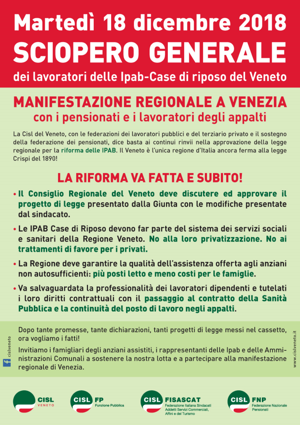 Sciopero generale dei lavoratori dipendenti delle Ipab-Case di Riposo del Veneto